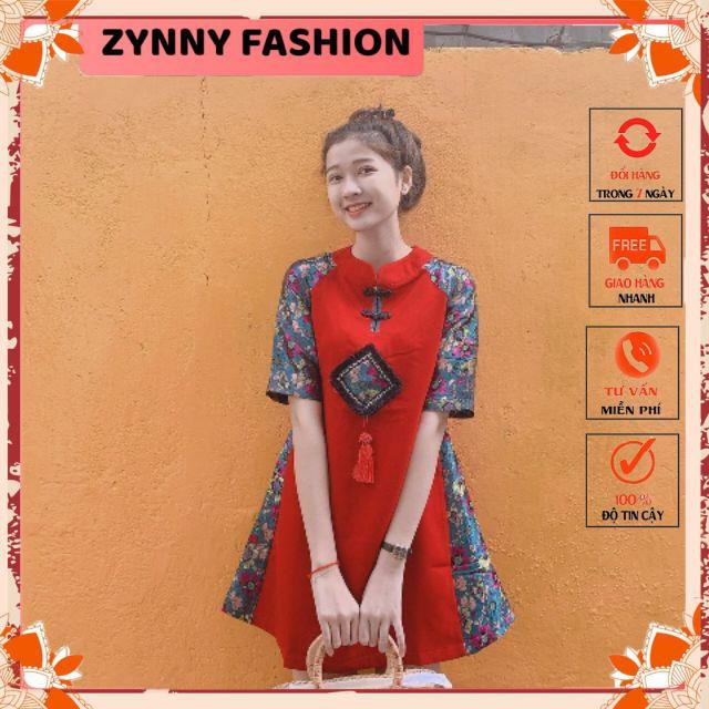 Áo dài cách tân phong cách, đầm đỏ sườn xám phối gấm hoa cao cấp [Zinny Fashion]