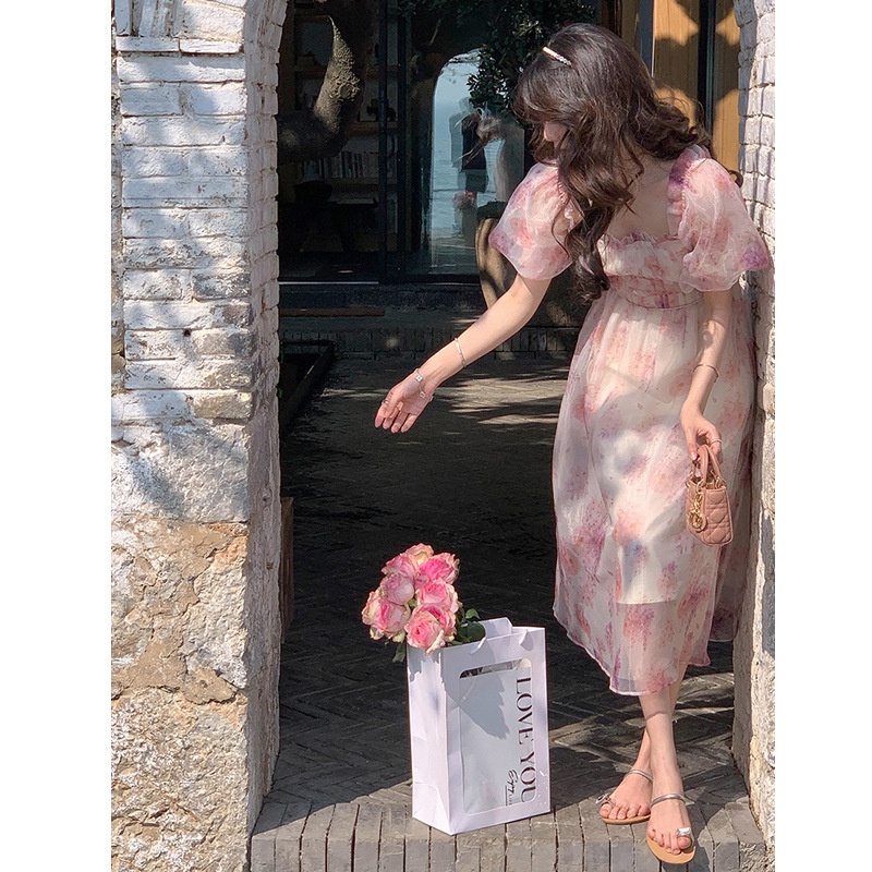 Váy maxi tơ hoa tay bồng tiểu thư, nhẹ nhàng nữ tính hàng Quảng Châu