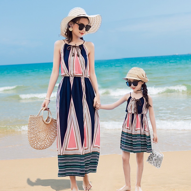 Đầm Cotton Không Tay Phong Cách Boho Thời Trang Xuân Hè Cho Mẹ Và Bé Size S-XL&amp;110-160cm