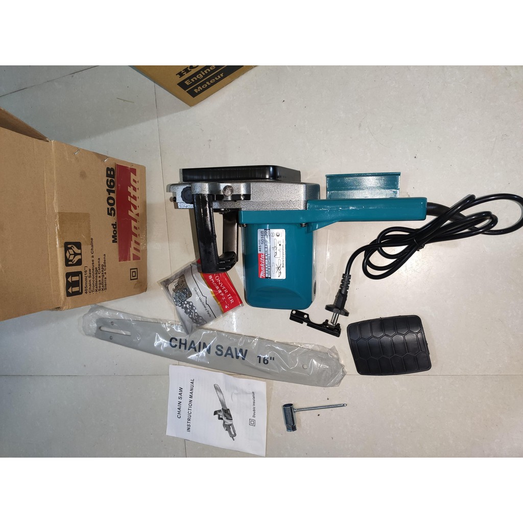 Máy cưa xích điện Makita 5016B, Made in Thailand, công suất 3800W, lam 16inch, xích 29 mắt cắt gỗ, bước 3/8inch, chân xí