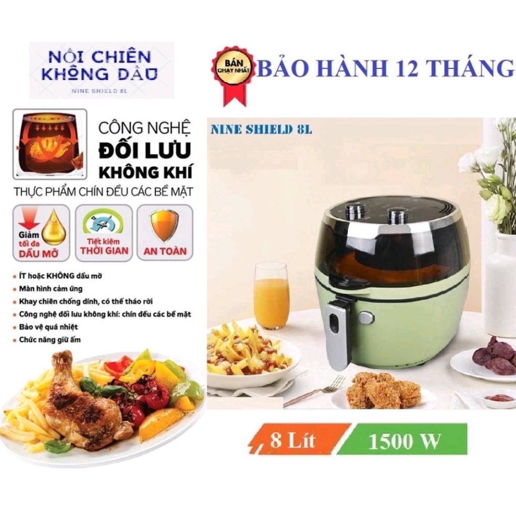 [ Bảo hành 12 tháng] Nồi chiên không dầu NineShield 8L cơ tay đảo