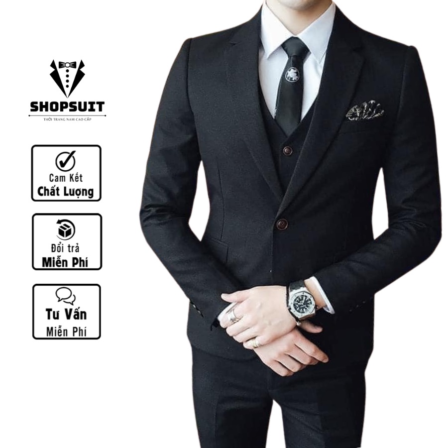 Vest nam 1 cúc màu đen,Áo khoác nam blazer from dáng Hàn Quốc 2 lớp