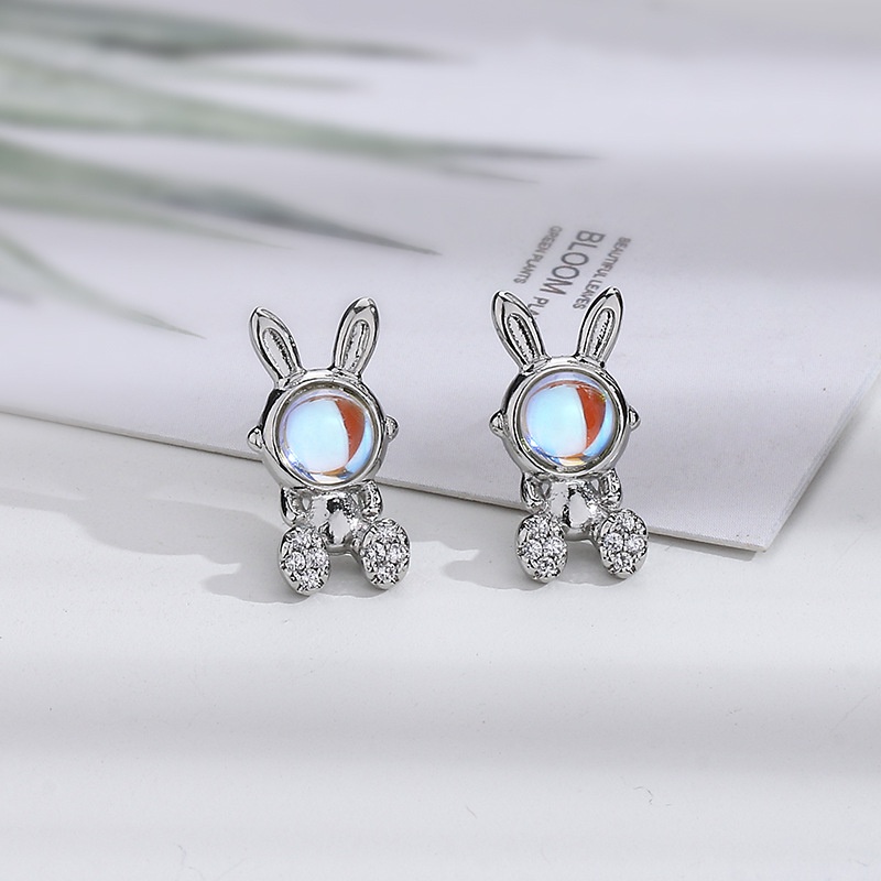 Bông tai dễ thương Hàn Quốc bông tai thỏ mặt trăng đá bông tai phụ nữ cao cấp bông tai kim bạc