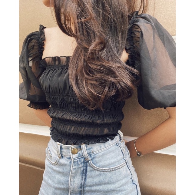 Áo Lily sheer top đen của Daphale Studios