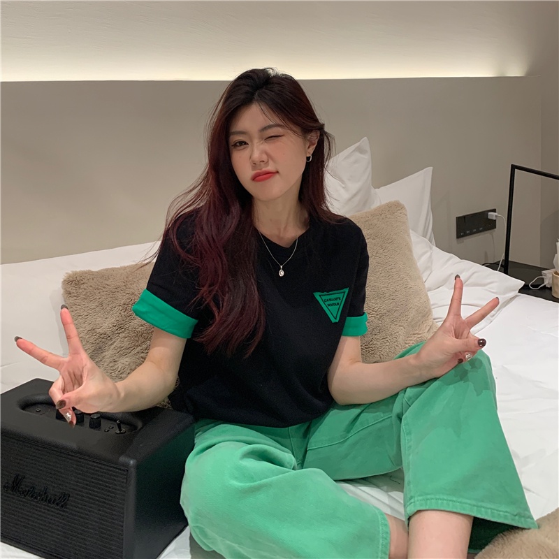 SUXI Áo Thun Cotton Cổ Tròn Tay Ngắn Dáng Rộng In Chữ Phối Màu Tương Phản Thời Trang Mùa Hè Cho Nữ