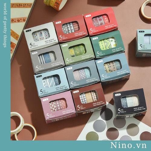 Set 5 Cuộn Băng Dính Giấy, Băng Dính Trang Trí, Washi tape