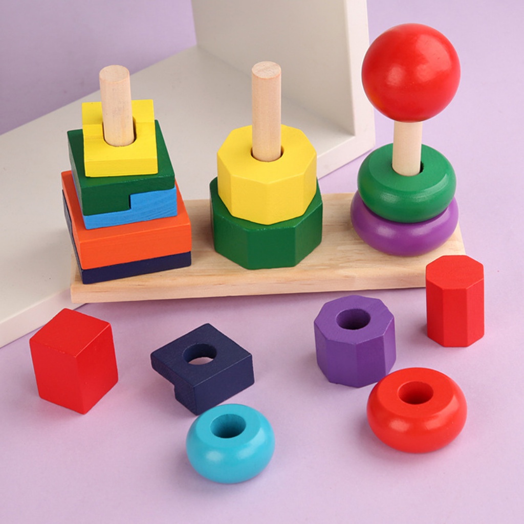 Bộ giáo cụ Montessori xếp trụ 3 cọc cho bé - Đồ chơi gỗ tháp cầu vồng