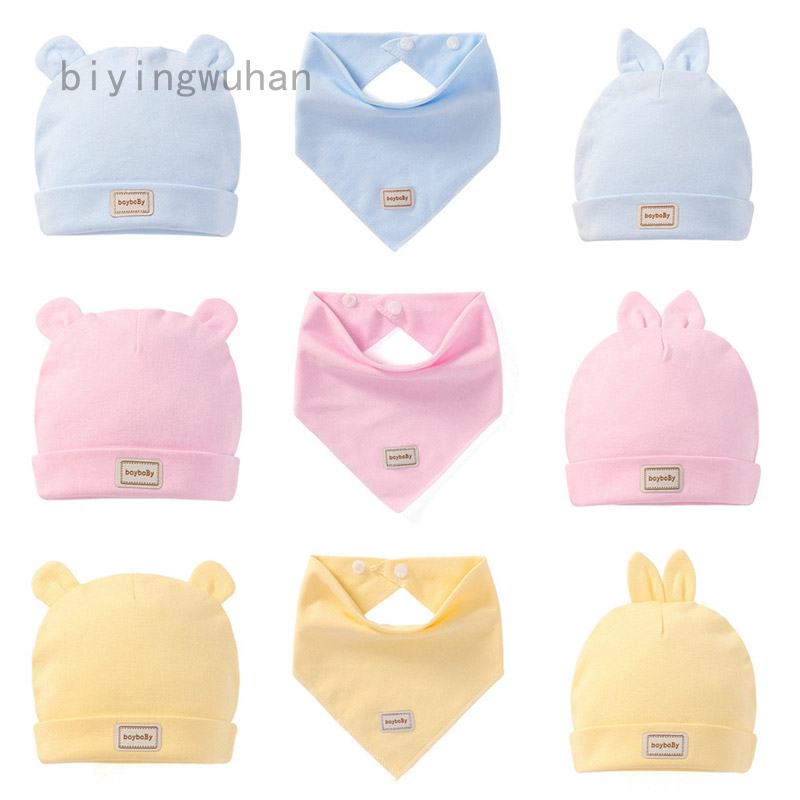 Bộ mũ và yếm ăn bằng cotton hai lớp co giãn tốt màu xanh dương/vàng/hồng cho bé sơ sinh