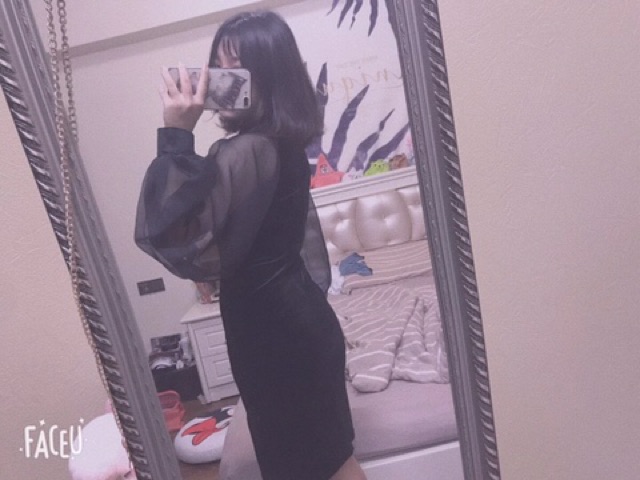 (Sẵn) Đầm nhung cổ tàu body / Váy cách tân tay voan ( có ảnh thật ) | BigBuy360 - bigbuy360.vn