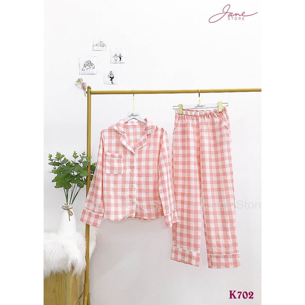 Bộ đồ Pijama kẻ caro bản to JANE chất liệu vải thô 4 màu K7