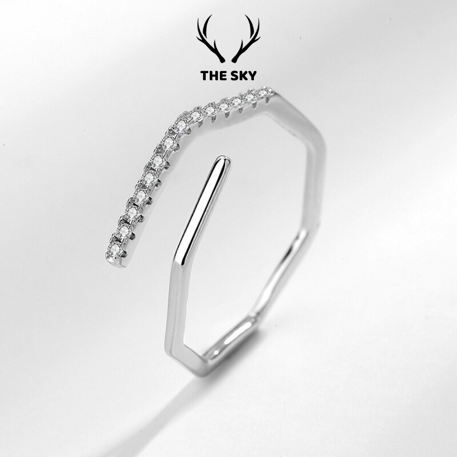 Nhẫn Bạc Nữ THE SKY NB06 Hình Lục Giác Mặt Đính Một Hàng Đá Sáng Lấp Lánh