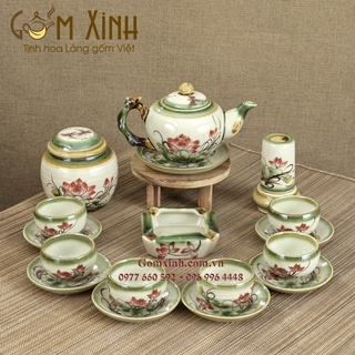 Bộ ấm trà Bát Tràng_Bộ ấm chén Gốc cây vẽ hoa sen men da lươn & phụ kiện