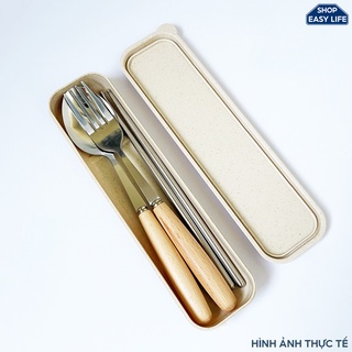 Bộ thìa đũa dĩa inox cán lúa mạch - hộp nhựa lúa mạch
