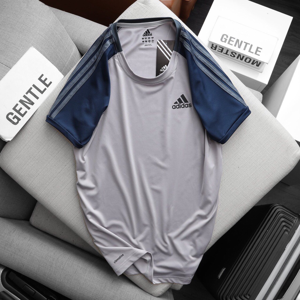 Áo nam thun lạnh cổ tròn Adidas Xám ghép tay xanh dương có sọc phối vai phong cách thể thao năng động