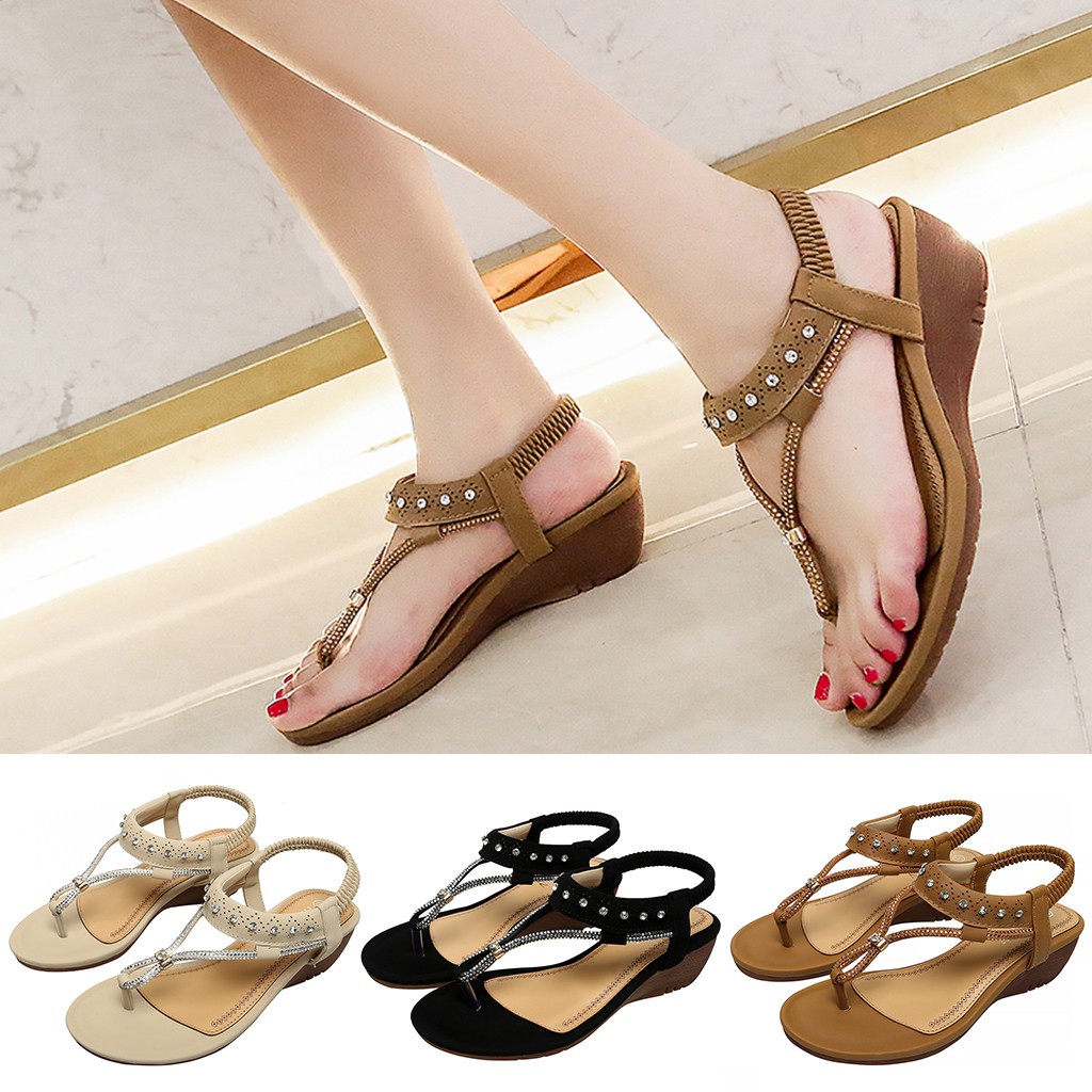 Giày sandal đế xuồng dây đính hạt phong cách Bohemian nữ tính