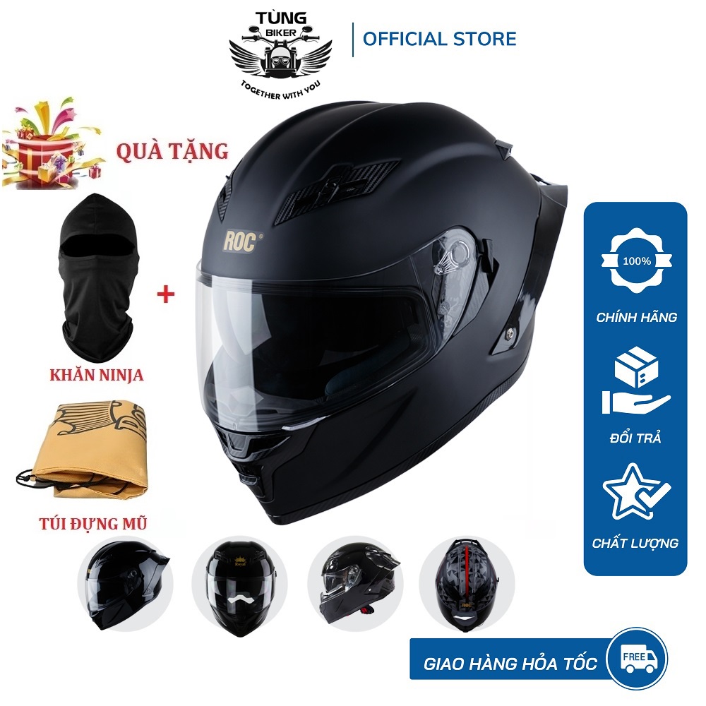 Mũ Bảo Hiểm Fullface 2 Kính ROC - R03 Mẫu Trơn Bảo Hành 24 Tháng (Tặng Khăn Trùm Ninja + Túi)
