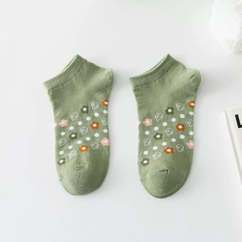 Tất cổ ngắn cute họa tiết Hoa Xanh lá, vớ nữ cổ thấp vải cotton phong cách vintage style hàn quốc Howdy N16