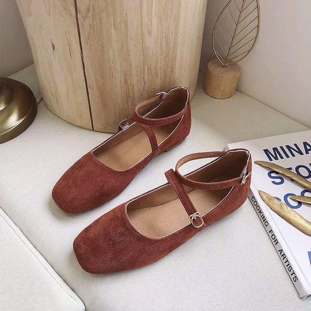 Giày Búp Bê Đế Bằng, Chất Da Lộn, Mũi Vuông Quai Ngang Xinh Xắn ( Kèm Ảnh Thật ) | BigBuy360 - bigbuy360.vn