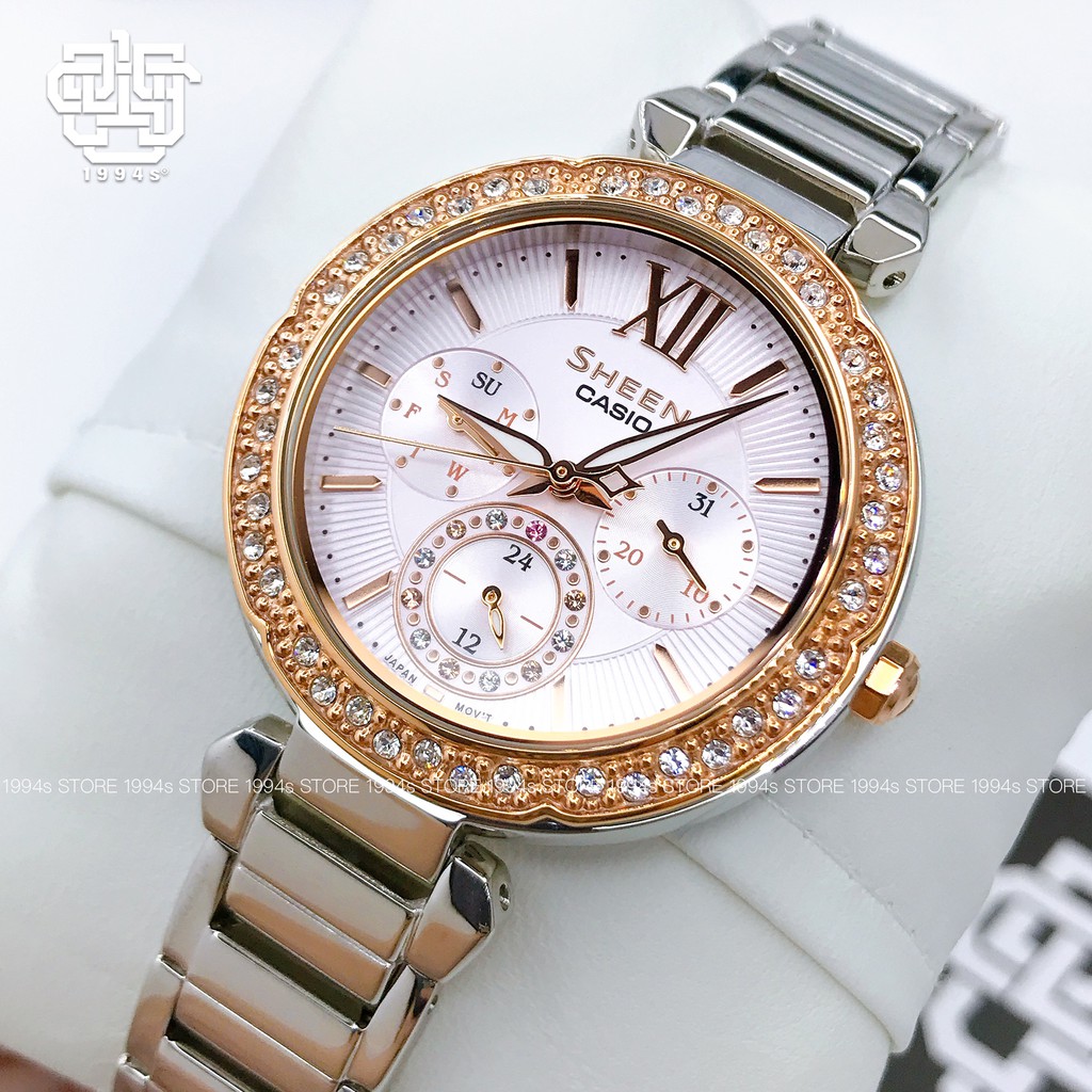 Đồng hồ nữ Casio SHE-3061 / SHE-3061SG-4A đính đá pha lê Swarovski, chống nước 50m, size 36mm, hàng chính hãng