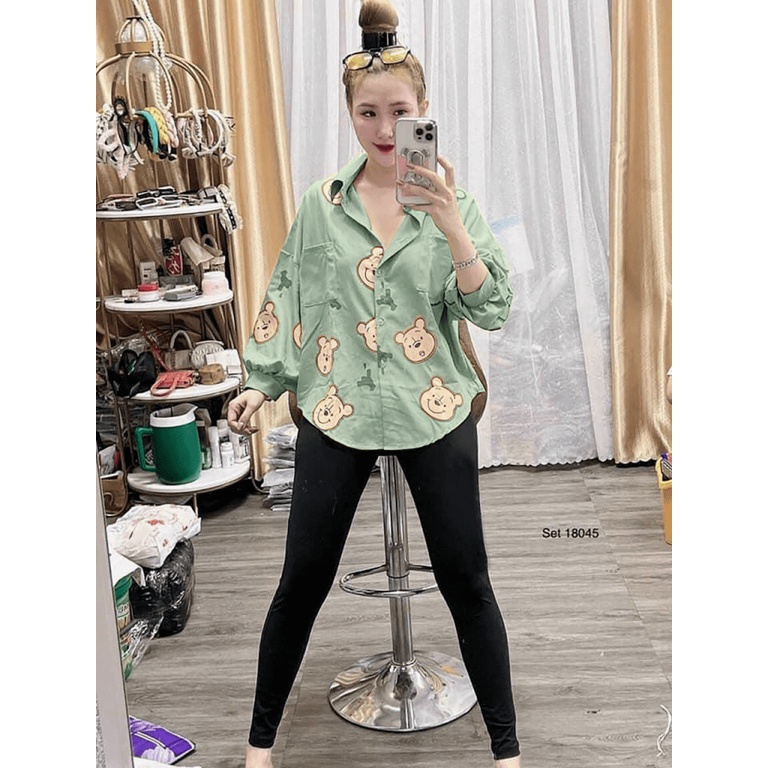 [FREE SHIP] SÉT BỘ NŨ ÁO TAY BỒNG PHỐI QUẦN LEGGING CHÚ GẤU CỰC XINH