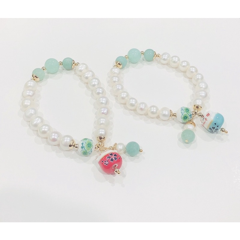 Vòng Tay Ngọc Trai 8 Ly Mix Charm Sứ Hình Mèo May Mắn - Ngọc Trai Trường Thịnh