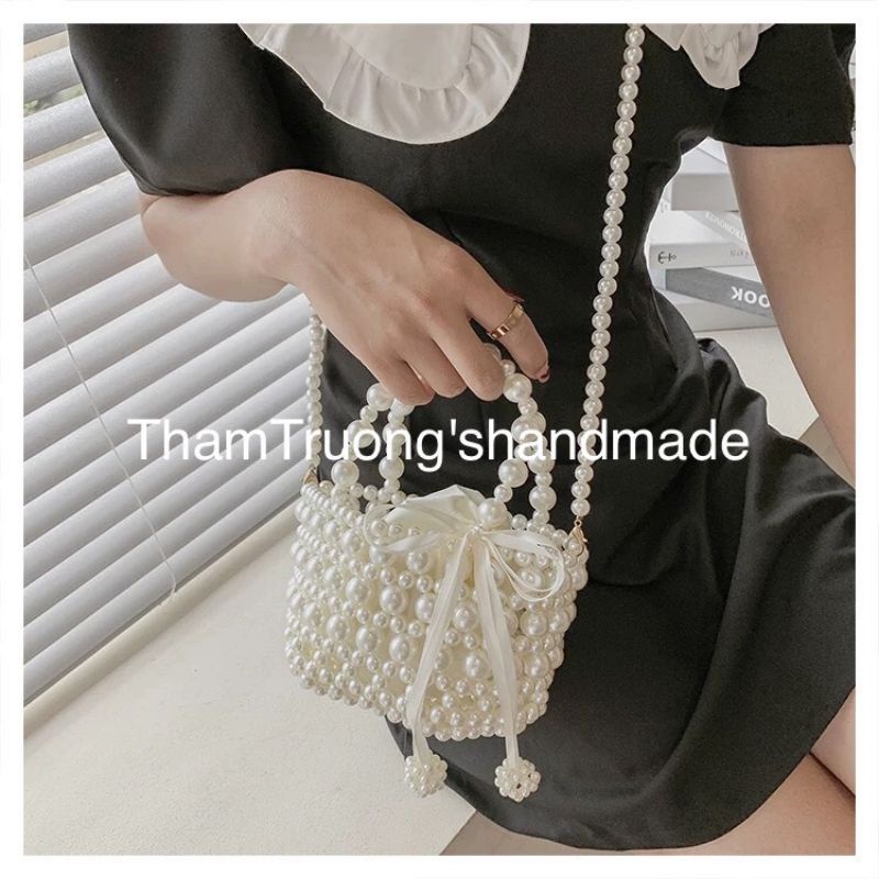 Túi đeo chéo/ xách tay kết hạt cườm giả ngọc trai handmade xinh xẻo