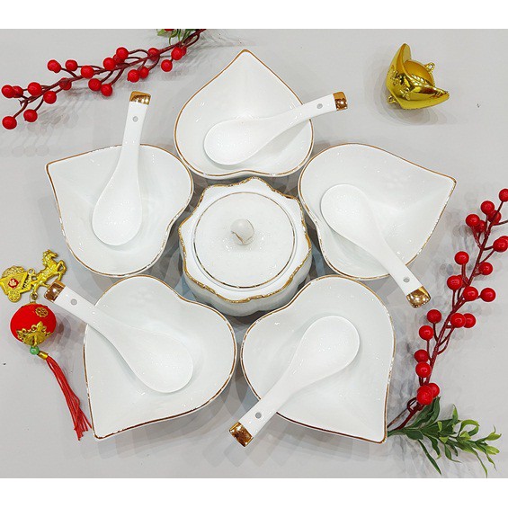 SET KHAY BÁT SỨ ĂN CHÈ ĐẸP BÁT ĐĨA ĐỰNG SÚP MÓN TRÁNG MIỆNG VIỀN VÀNG