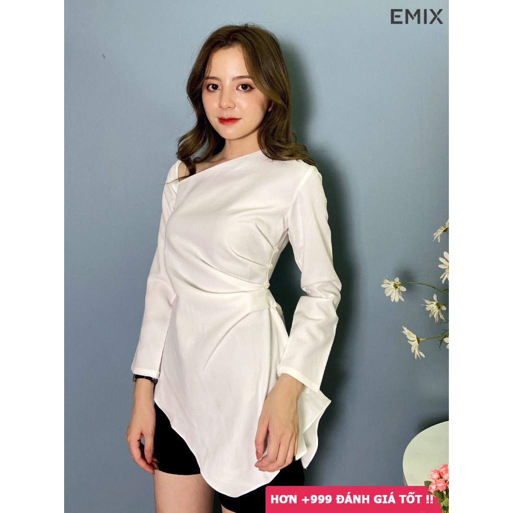 Áo lệch vai vạt chéo EMIX (màu trắng), dài tay, vạt lệch cá tính, chất thun dẻo mềm mịn, ôm eo tôn dáng a69