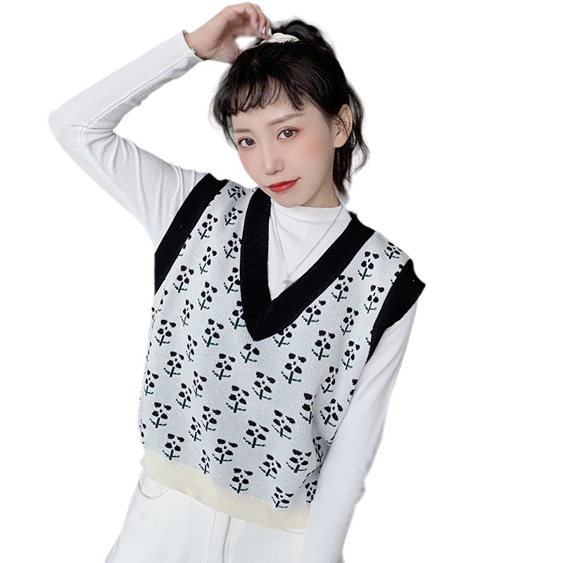 Phụ nữ cổ điển Áo len Vest mùa thu Hoa cổ chữ V Không tay dệt kim Vest rời