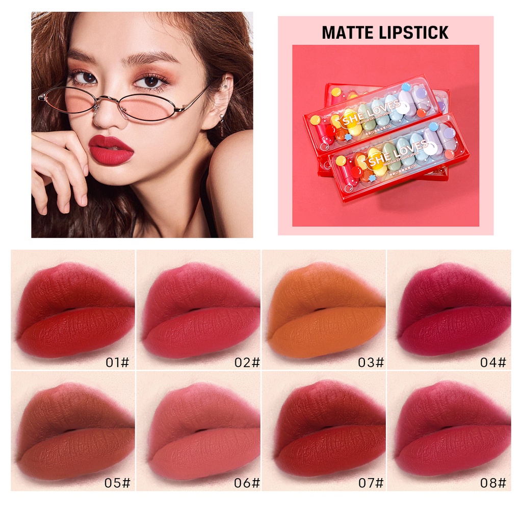 Set 8 Son Môi Mini Lâu Trôi Không Thấm Nước Thiết Kế Hình Viên Kẹo Dễ Thương