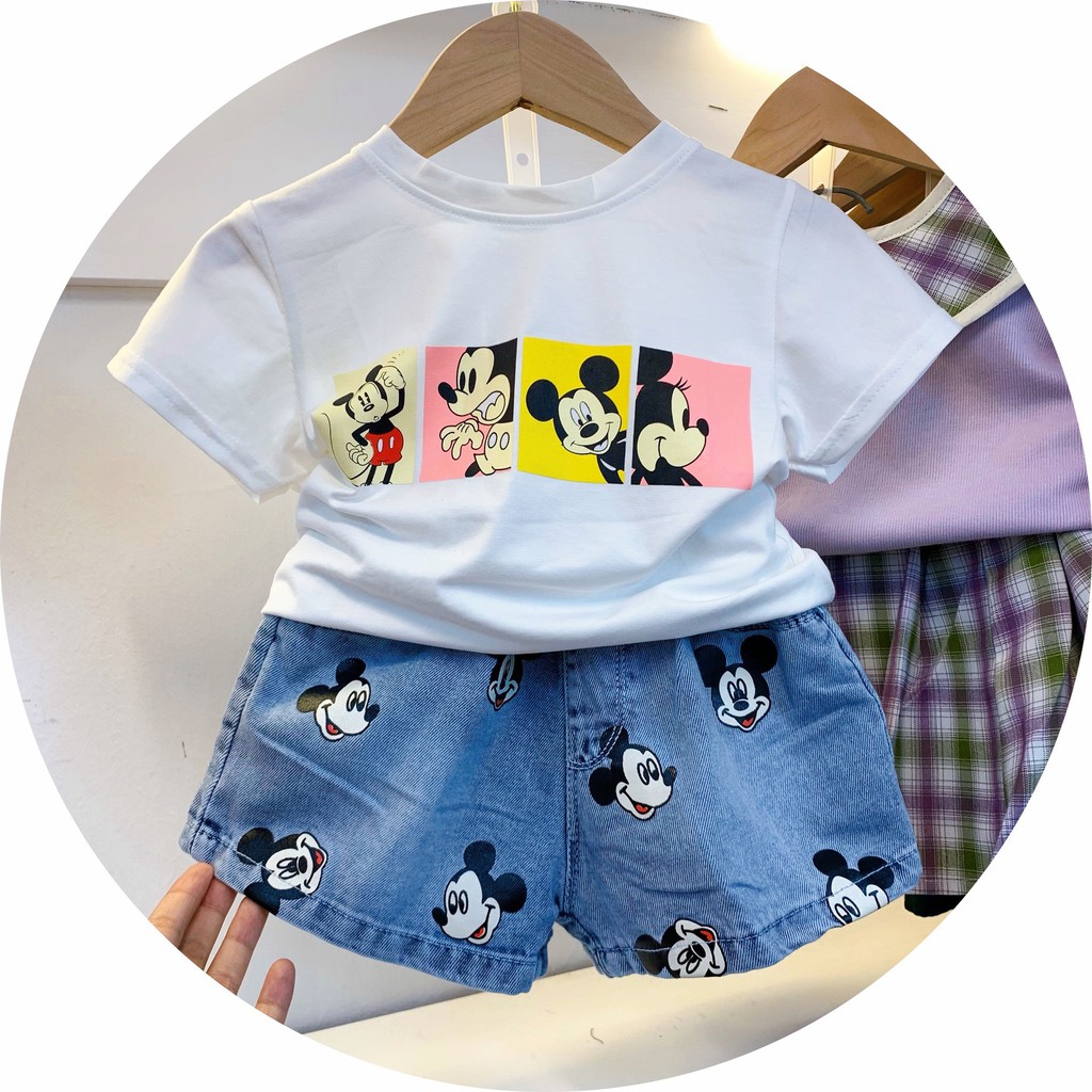 Set bộ jean bé gái_ set áo thun chuộc Micky quần jean đùi bé gái 8-18kg