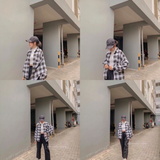 Sơmi kẻ caro tay phồng form oversize