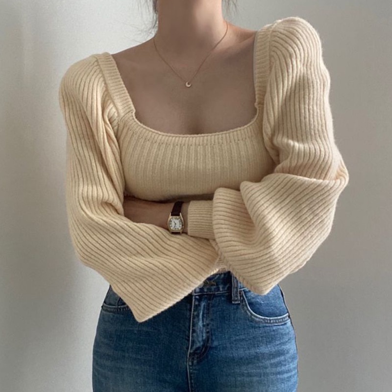 Porozi  Áo sweater dệt kim  tay phồng cổ vuông màu sắc đơn giản phong cách Hàn Quốc cho nữ