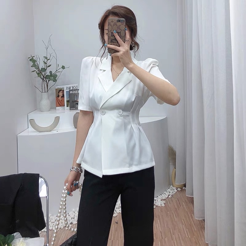 Áo cổ vest chiết eo màu trắng