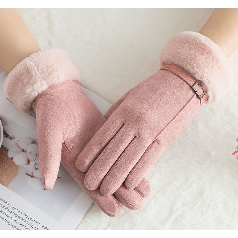 Găng tay nữ lót lông cảm ứng da lộn sang chảnh cực ấm - Găng tay cảm ứng điện thoại đi xe máy cho nữ