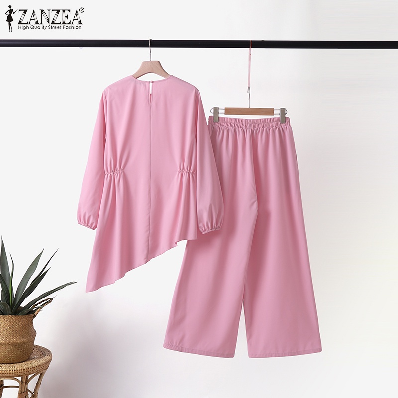 Zanzea Bộ Áo Tay Phồng Màu Trơn Phối Quần Dài Ống Rộng Lưng Thun Thời Trang Cho Nữ