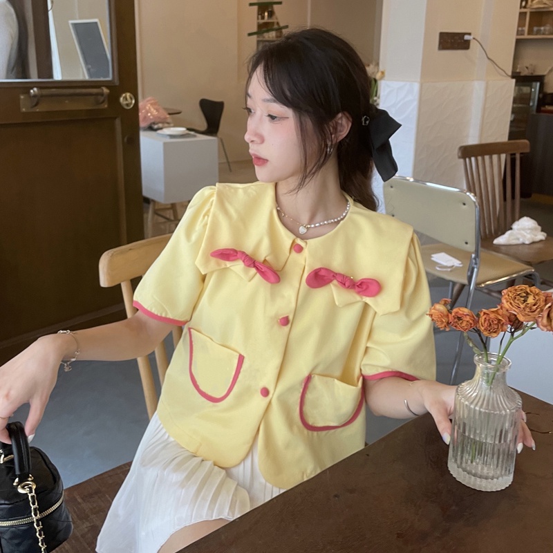 Áo Sơ Mi Tay Ngắn Phồng Cổ Búp Bê Dáng Rộng Đính Nơ Dễ Thương Cho Nữ