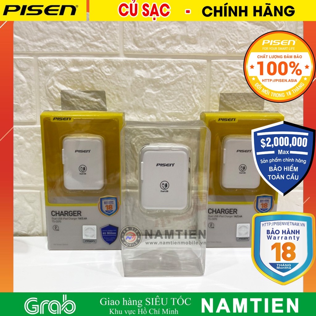 Adapter Sạc Pisen PowerPort 2 Dual USB iPad Charger 1A/2.4A - Trắng - Hàng Chính Hãng