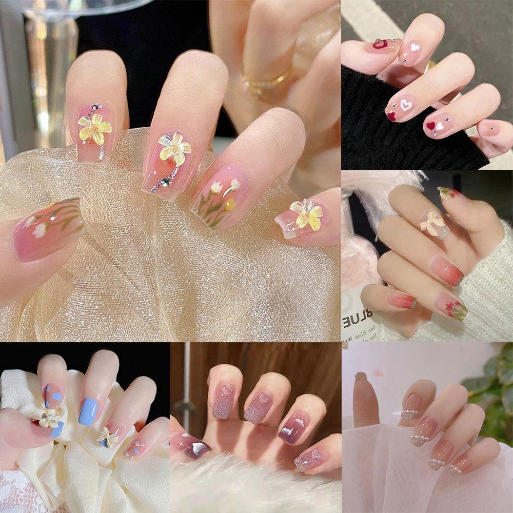 Hộp 24 Móng Tay Giả Đầu Tròn / Vuông Che Phủ Toàn Diện Kiểu Pháp MIHAN1