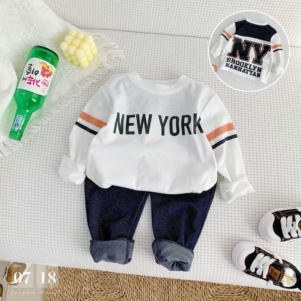 Bộ dài thun Bigbaby áo tay dài họa tiết chữ NY quần thun giả jean chất mềm mát cho bé 9-22kg