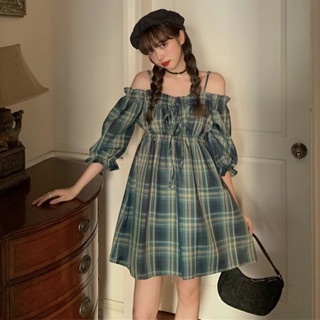 (HOT L1) VÁY CARO XANH MẠ TRỄ VAI 2 DÂY CHUN EO - ĐẦM KẺ HAI DÂY TRỄ VAI DÚM BÈO BUỘC NƠ HOT