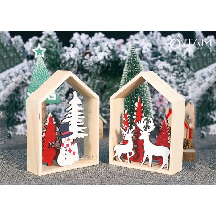 Mô hình nhà gỗ 5 cạnh tiểu cảnh Noel để bàn X-MHDB-03