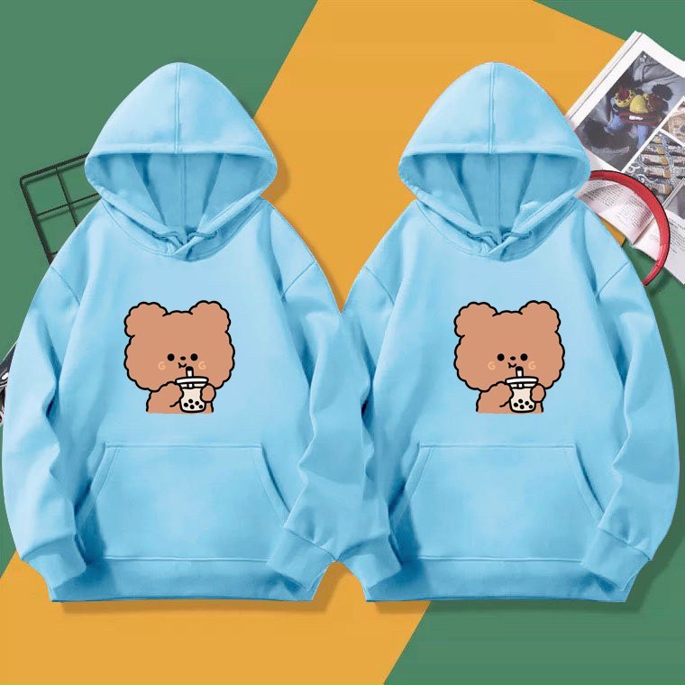 ÁO HOODIE NỈ PHOM NAM NỮ IN GẤU UỐNG TRÀ SỮA CỰC ĐẸP