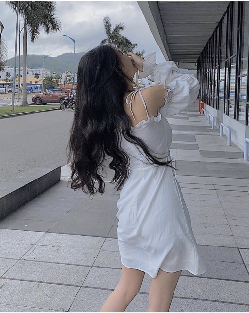 ĐẦM 2 DÂY RỚT VAI TAY PHỒNG TRẮNG ĐEN (về thêm loại phối nơ tay) | BigBuy360 - bigbuy360.vn