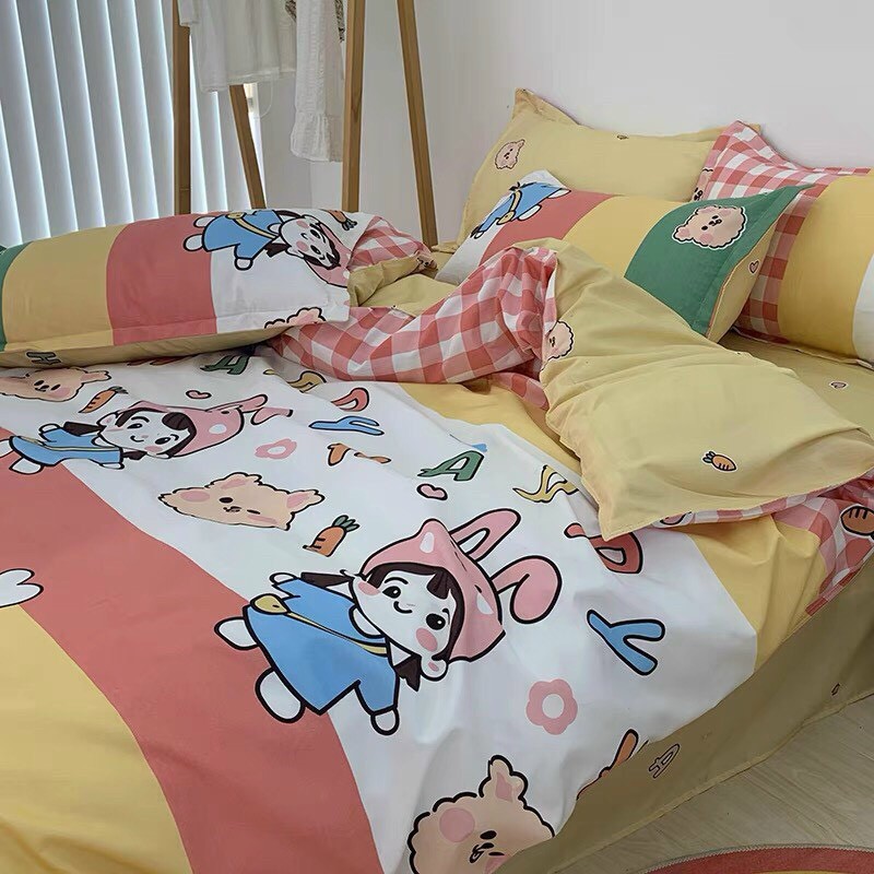 Bộ chăn ga gối , drap giường chất cotton poly họa tiết cô gái và gấu con