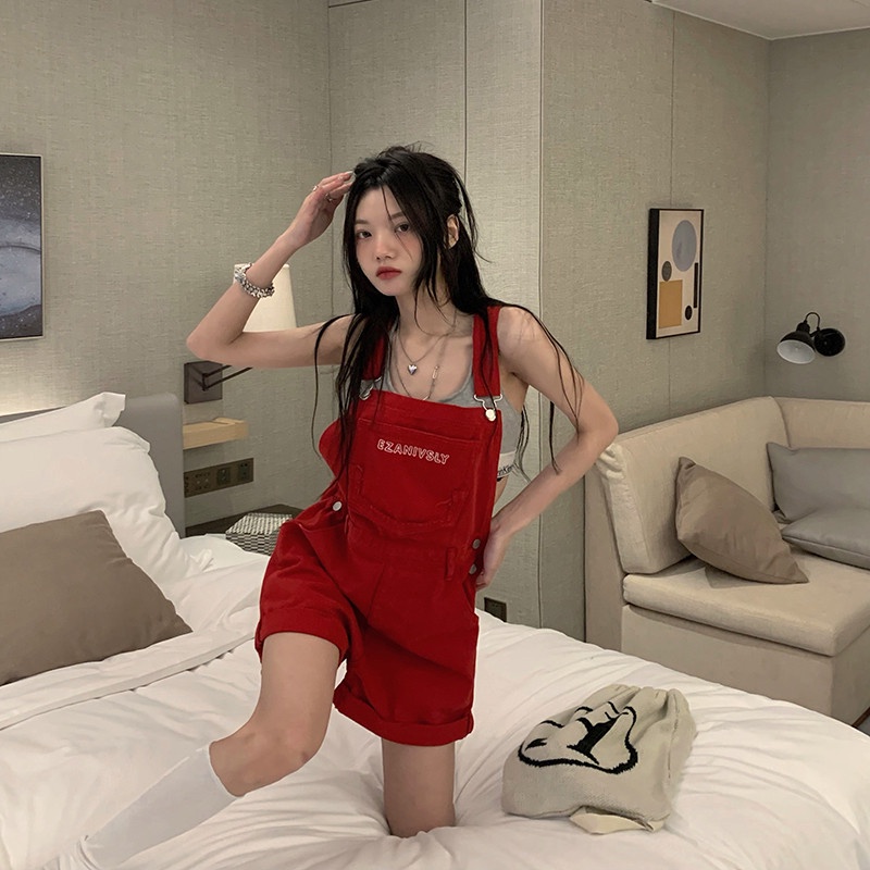Quần Yếm Denim Dáng Rộng In Chữ Dễ Thương Hợp Thời Trang Cho Nữ