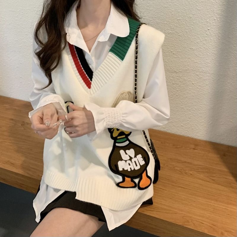 Áo Sweater Dệt Kim Màu Sắc Đối Lập Phong Cách Hàn Quốc