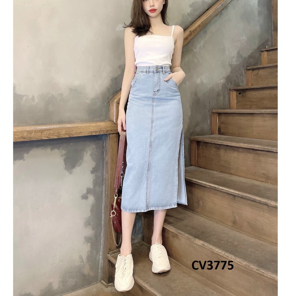 Chân váy jean dáng dài xẻ bên CV3775