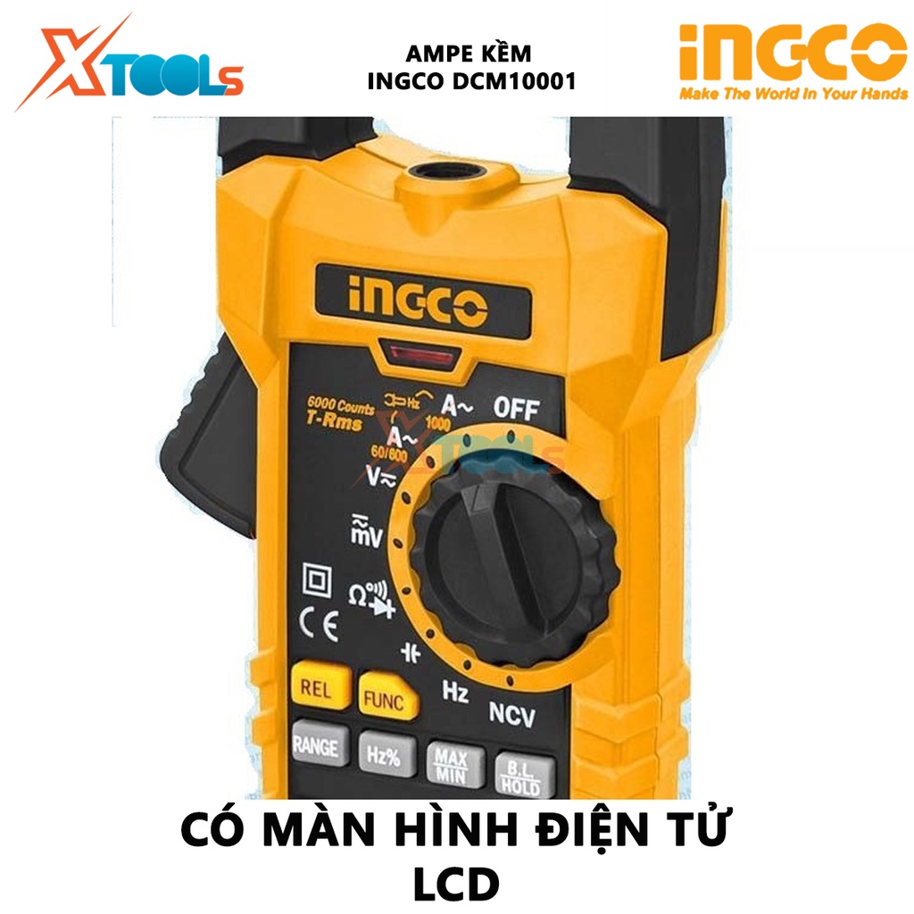 Ampe kìm INGCO DCM10001 | ampe kẹp AC kỹ thuật số Dòng điện AC 60A/600A/1000A, Có màn hình điện tử LCD đồng hồ vạn năng