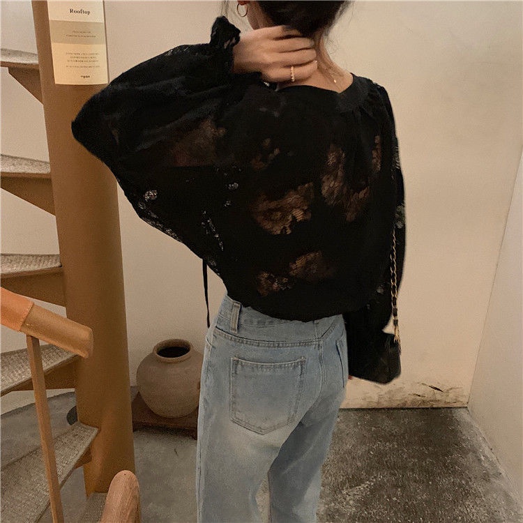[Spot] Thời trang Hàn Quốc cá tính tất cả phù hợp với áo sơ mi tay áo ren rỗng chạm khắc đèn lồng